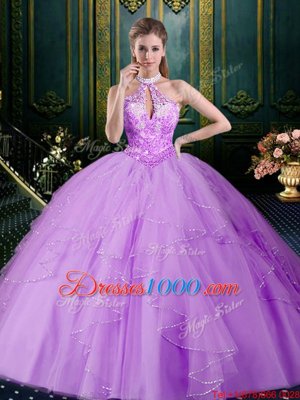 Beautiful Halter Top Sleeveless Lace Up Floor Length Beading and Lace and Ruffles and Ruching Sweet 16 Dress