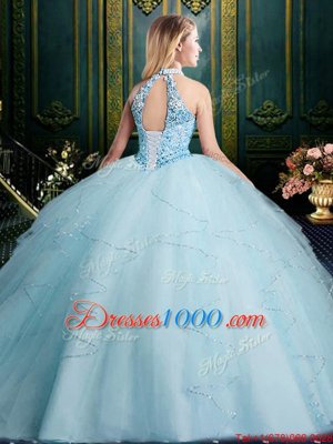 Beautiful Halter Top Sleeveless Lace Up Floor Length Beading and Lace and Ruffles and Ruching Sweet 16 Dress