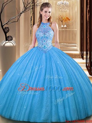 Simple Baby Blue Sleeveless Floor Length Embroidery Backless Quinceanera Gown