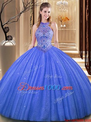 Simple Baby Blue Sleeveless Floor Length Embroidery Backless Quinceanera Gown