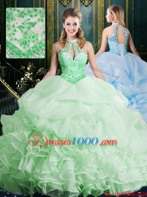 Hot Selling Halter Top Sweet 16 Dresses Organza Brush Train Sleeveless Beading and Lace and Appliques and Ruffles and Pick Ups