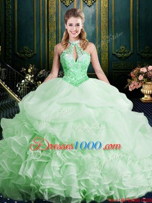 Hot Selling Halter Top Sweet 16 Dresses Organza Brush Train Sleeveless Beading and Lace and Appliques and Ruffles and Pick Ups