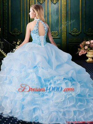 Hot Selling Halter Top Sweet 16 Dresses Organza Brush Train Sleeveless Beading and Lace and Appliques and Ruffles and Pick Ups