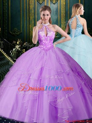 Smart Lavender Lace Up Halter Top Beading and Lace and Ruffles Quince Ball Gowns Tulle Sleeveless