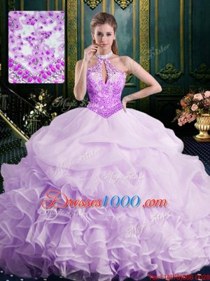 Romantic Halter Top Lavender Sweet 16 Dress Organza Brush Train Sleeveless Beading and Lace and Appliques and Ruffles and Pick Ups