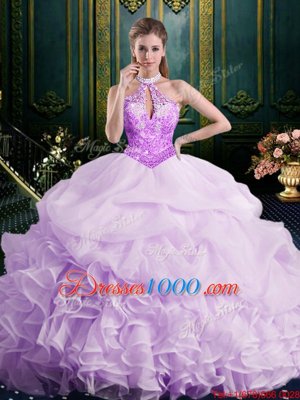 Romantic Halter Top Lavender Sweet 16 Dress Organza Brush Train Sleeveless Beading and Lace and Appliques and Ruffles and Pick Ups