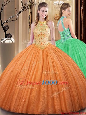 Best Orange Backless Ball Gown Prom Dress Embroidery and Hand Made Flower Sleeveless Floor Length
