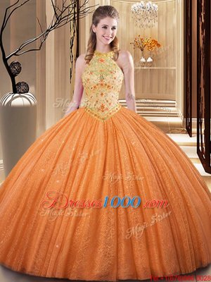 Best Orange Backless Ball Gown Prom Dress Embroidery and Hand Made Flower Sleeveless Floor Length