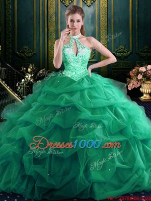 Flirting Halter Top Organza and Tulle Sleeveless Floor Length Sweet 16 Quinceanera Dress and Beading and Ruffles and Pick Ups