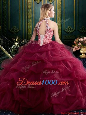 Flirting Halter Top Organza and Tulle Sleeveless Floor Length Sweet 16 Quinceanera Dress and Beading and Ruffles and Pick Ups