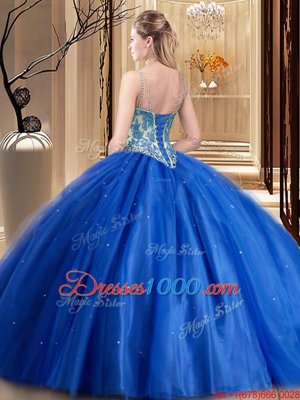 Floor Length Lace Up Quinceanera Gowns Blue and In for Military Ball and Sweet 16 and Quinceanera with Beading and Appliques