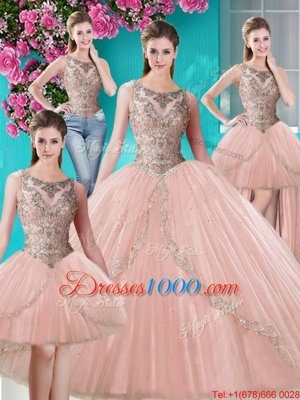 Charming Four Piece Scoop Sleeveless Quince Ball Gowns Floor Length Beading and Appliques Peach Tulle