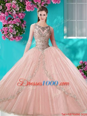 Charming Four Piece Scoop Sleeveless Quince Ball Gowns Floor Length Beading and Appliques Peach Tulle