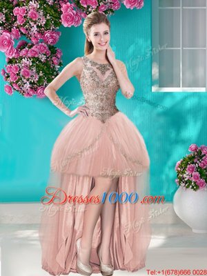 Charming Four Piece Scoop Sleeveless Quince Ball Gowns Floor Length Beading and Appliques Peach Tulle