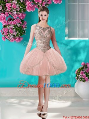 Charming Four Piece Scoop Sleeveless Quince Ball Gowns Floor Length Beading and Appliques Peach Tulle