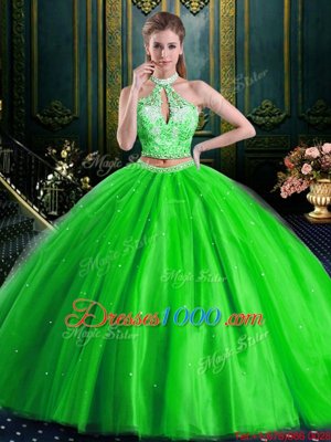 Pretty Halter Top Sleeveless Beading and Lace and Appliques Lace Up Ball Gown Prom Dress