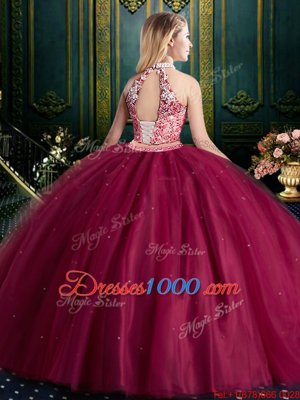 Pretty Halter Top Sleeveless Beading and Lace and Appliques Lace Up Ball Gown Prom Dress