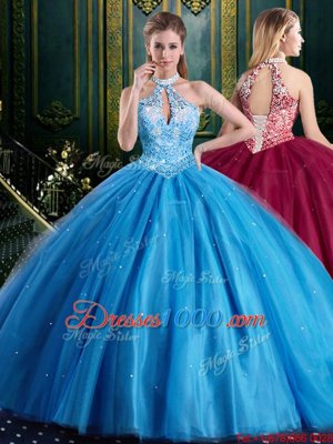 Fitting Baby Blue Halter Top Neckline Beading and Lace and Appliques 15th Birthday Dress Sleeveless Lace Up