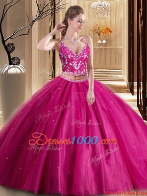Luxurious Hot Pink Tulle Lace Up Spaghetti Straps Sleeveless Floor Length Quinceanera Gown Beading and Appliques