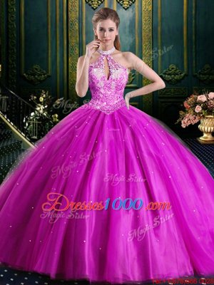 Pretty Halter Top Fuchsia Sleeveless Floor Length Beading and Lace and Appliques Lace Up Quinceanera Dresses