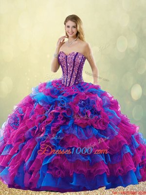 Multi-color Sweetheart Lace Up Beading and Ruffles Quinceanera Gown Sleeveless