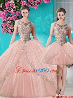 Modern Three Piece Scoop Floor Length Ball Gowns Sleeveless Peach Ball Gown Prom Dress Lace Up