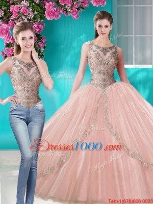 Modern Three Piece Scoop Floor Length Ball Gowns Sleeveless Peach Ball Gown Prom Dress Lace Up