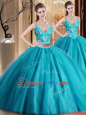 Decent Teal Sleeveless Floor Length Beading and Lace and Appliques Lace Up Quinceanera Dress