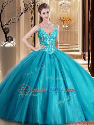 Decent Teal Sleeveless Floor Length Beading and Lace and Appliques Lace Up Quinceanera Dress