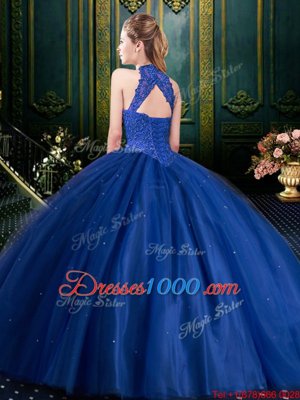 On Sale High-neck Sleeveless Lace Up Quinceanera Gown Royal Blue Tulle