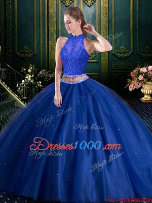 Tulle High-neck Sleeveless Lace Up Beading and Lace and Appliques 15 Quinceanera Dress in Royal Blue