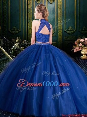 Tulle High-neck Sleeveless Lace Up Beading and Lace and Appliques 15 Quinceanera Dress in Royal Blue