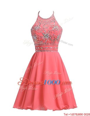 Halter Top Chiffon Sleeveless Knee Length Prom Gown and Beading
