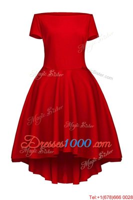 Wine Red Satin Side Zipper Prom Evening Gown Short Sleeves Tea Length Ruching