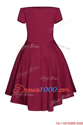 Wine Red Satin Side Zipper Prom Evening Gown Short Sleeves Tea Length Ruching