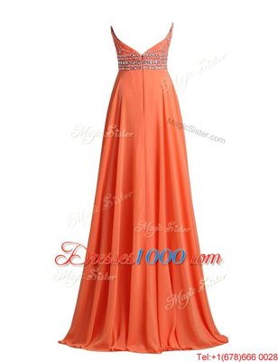 Deluxe Orange Red Evening Dress Scoop Sleeveless Sweep Train Zipper