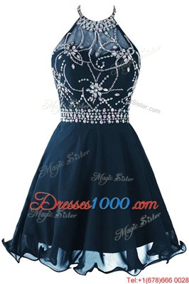 Scoop Beading and Belt Dress for Prom Navy Blue Zipper Sleeveless Mini Length