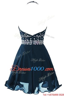 Scoop Beading and Belt Dress for Prom Navy Blue Zipper Sleeveless Mini Length