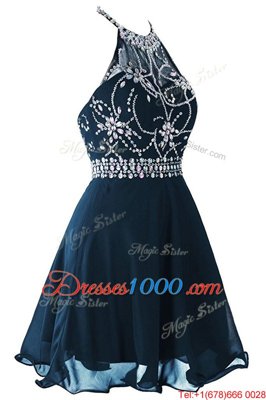 Scoop Beading and Belt Dress for Prom Navy Blue Zipper Sleeveless Mini Length