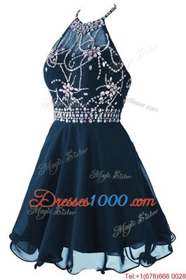 Scoop Beading and Belt Dress for Prom Navy Blue Zipper Sleeveless Mini Length