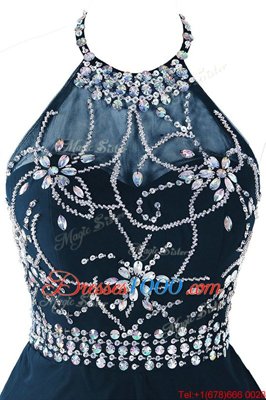 Scoop Beading and Belt Dress for Prom Navy Blue Zipper Sleeveless Mini Length