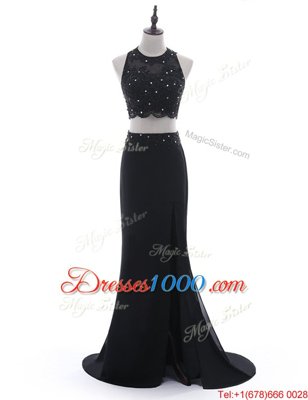 Chiffon Scoop Sleeveless Brush Train Side Zipper Beading and Lace Prom Dresses in Black