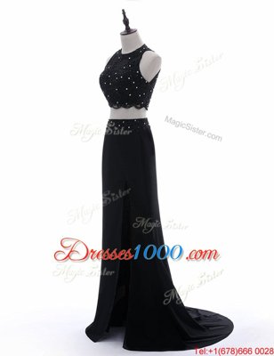 Chiffon Scoop Sleeveless Brush Train Side Zipper Beading and Lace Prom Dresses in Black