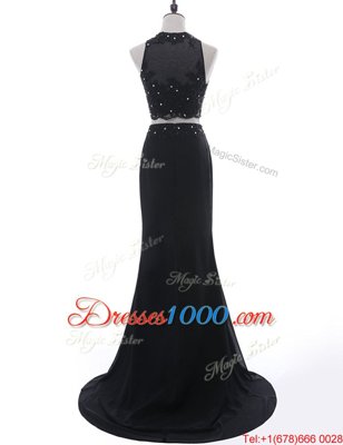 Chiffon Scoop Sleeveless Brush Train Side Zipper Beading and Lace Prom Dresses in Black