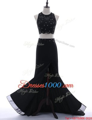 Chiffon Scoop Sleeveless Brush Train Side Zipper Beading and Lace Prom Dresses in Black