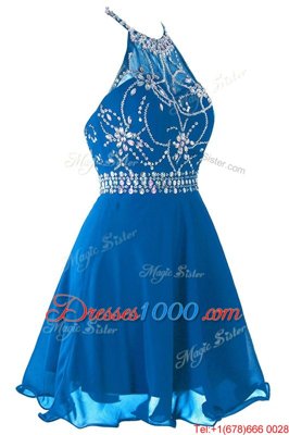 Scoop Sleeveless Mini Length Beading and Belt Blue Organza