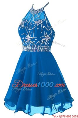 Scoop Sleeveless Mini Length Beading and Belt Blue Organza