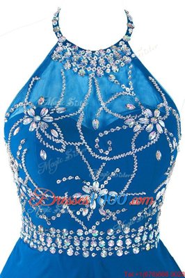 Scoop Sleeveless Mini Length Beading and Belt Blue Organza