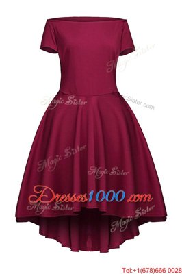 Burgundy Short Sleeves Ruching Tea Length Junior Homecoming Dress