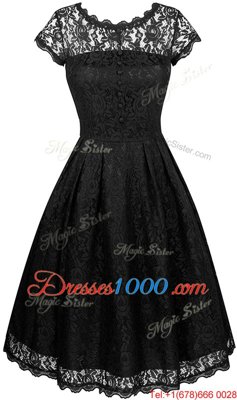 Exceptional Scalloped Black Zipper Homecoming Dresses Lace Short Sleeves Knee Length